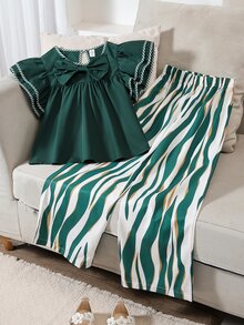 SHEIN 青少年女孩蝴蝶結飛袖T恤套裝，度假、返校、夏季、假日穿搭，80年代家庭風，祖母綠與白色 - 綠色 - 查看 8