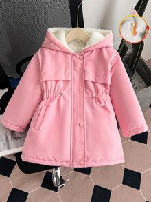 Elladie kids 年轻女孩腰部收紧连帽加厚外套，拉链开合，假抽绳，冬季 - 粉色 - 查看 4