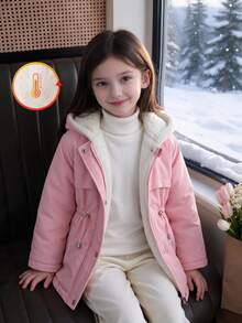 Elladie kids 年轻女孩腰部收紧连帽加厚外套，拉链开合，假抽绳，冬季 - 粉色 - 查看 2