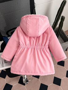 Elladie kids 年轻女孩腰部收紧连帽加厚外套，拉链开合，假抽绳，冬季 - 粉色 - 查看 3