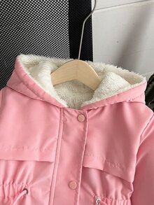 Elladie kids 年轻女孩腰部收紧连帽加厚外套，拉链开合，假抽绳，冬季 - 粉色 - 查看 5