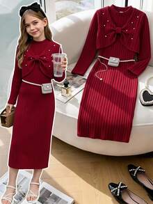 SHEIN Tween Girls Autumn Outfits Cute Western Pearl Decor Long Sleeve Top A-Line Mini Dress Soiree Tea Party Red - Burgundy - View 2