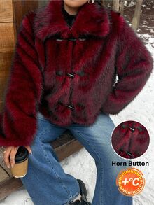 Muchica Plus-Size Burgundy Faux Fur Cropped Jacket For Autumn And Winter, Featuring Toggle Closures And A Full Lining. - Redwood - View 1