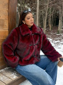 Muchica Plus-Size Burgundy Faux Fur Cropped Jacket For Autumn And Winter, Featuring Toggle Closures And A Full Lining. - Redwood - View 6