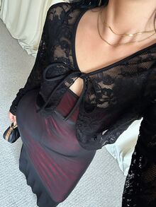 GalTyme Plus Size Women Lace Front Tie Long Sleeve Top And Cami Dress Elegant 2 Pieces Set - Multicolor - View 7