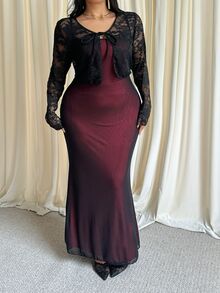 GalTyme Plus Size Women Lace Front Tie Long Sleeve Top And Cami Dress Elegant 2 Pieces Set - Multicolor - View 5