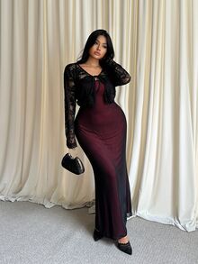 GalTyme Plus Size Women Lace Front Tie Long Sleeve Top And Cami Dress Elegant 2 Pieces Set - Multicolor - View 4