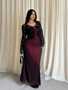 GalTyme Plus Size Women Lace Front Tie Long Sleeve Top And Cami Dress Elegant 2 Pieces Set - Multicolor - View 3