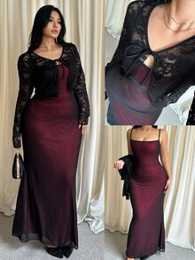 GalTyme Plus Size Women Lace Front Tie Long Sleeve Top And Cami Dress Elegant 2 Pieces Set - Multicolor - View 8