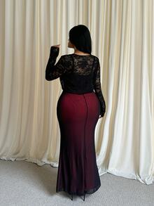 GalTyme Plus Size Women Lace Front Tie Long Sleeve Top And Cami Dress Elegant 2 Pieces Set - Multicolor - View 2
