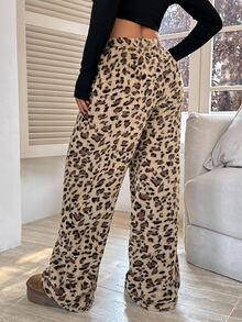 SHEIN Tall CURVE Plus Size Autumn Leopard Print Warm Pants Formal Vacation Beige Casual Lounge - Brown - View 3