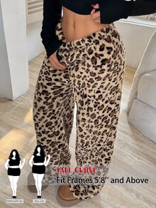 SHEIN Tall CURVE Plus Size Autumn Leopard Print Warm Pants Formal Vacation Beige Casual Lounge - Brown - View 2