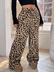 SHEIN Tall CURVE Plus Size Autumn Leopard Print Warm Pants Formal Vacation Beige Casual Lounge - Brown - View 4