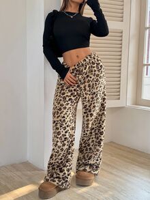 SHEIN Tall CURVE Plus Size Autumn Leopard Print Warm Pants Formal Vacation Beige Casual Lounge - Brown - View 7