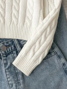 SHEIN 青少年女孩 V 領杏色套頭毛衣，刺繡毛巾繡花、麻花扭繩設計，柔軟針織極簡風內搭外套，適合秋冬休閒長袖上衣，適用居家、外出、派對、拍照與玩樂 - 杏色 - 查看 4