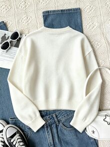 SHEIN 女童毛衣，青少年女孩圓領杏色套頭衫，卡通熊提花，可愛百搭女童毛衣，柔軟針織，簡單內搭，外套，適合秋冬，休閒長袖上衣，適用於外出、派對、拍照、玩耍 - 杏色 - 查看 2