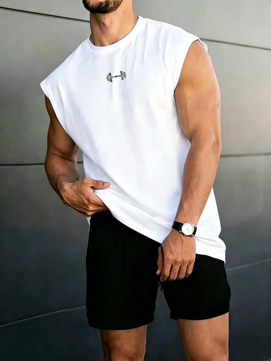 GymBeat Tank Top Tanpa Lengan Minimalis dengan Garis Reflektif untuk Kebugaran Pria, Kaos Olahraga untuk Latihan Otot, Lari, Gaya Sporty - Putih - View 1