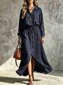SHEIN Gaun Maxi Wanita 100% Katun Warna Navy dengan Kerah dan Tali Serut di Pinggang, Gaun Kasual untuk Musim Semi dan Gugur, Cocok untuk Pemakaian Sehari-hari - Navy Blue - View 7