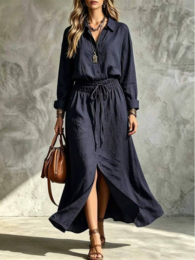 SHEIN Gaun Maxi Wanita 100% Katun Warna Navy dengan Kerah dan Tali Serut di Pinggang, Gaun Kasual untuk Musim Semi dan Gugur, Cocok untuk Pemakaian Sehari-hari - Navy Blue - View 6