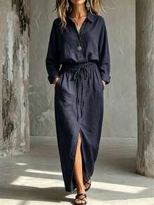 SHEIN Gaun Maxi Wanita 100% Katun Warna Navy dengan Kerah dan Tali Serut di Pinggang, Gaun Kasual untuk Musim Semi dan Gugur, Cocok untuk Pemakaian Sehari-hari - Navy Blue - View 2