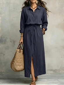 SHEIN Gaun Maxi Wanita 100% Katun Warna Navy dengan Kerah dan Tali Serut di Pinggang, Gaun Kasual untuk Musim Semi dan Gugur, Cocok untuk Pemakaian Sehari-hari - Navy Blue - View 6