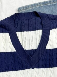 SHEIN Tween Girls Striped Colorblock Cable Knit V-Neck Lantern Sleeve Oversized Pullover Sweater, Suitable For Autumn/Winter And Outdoor Wear - Multicolor - View 7