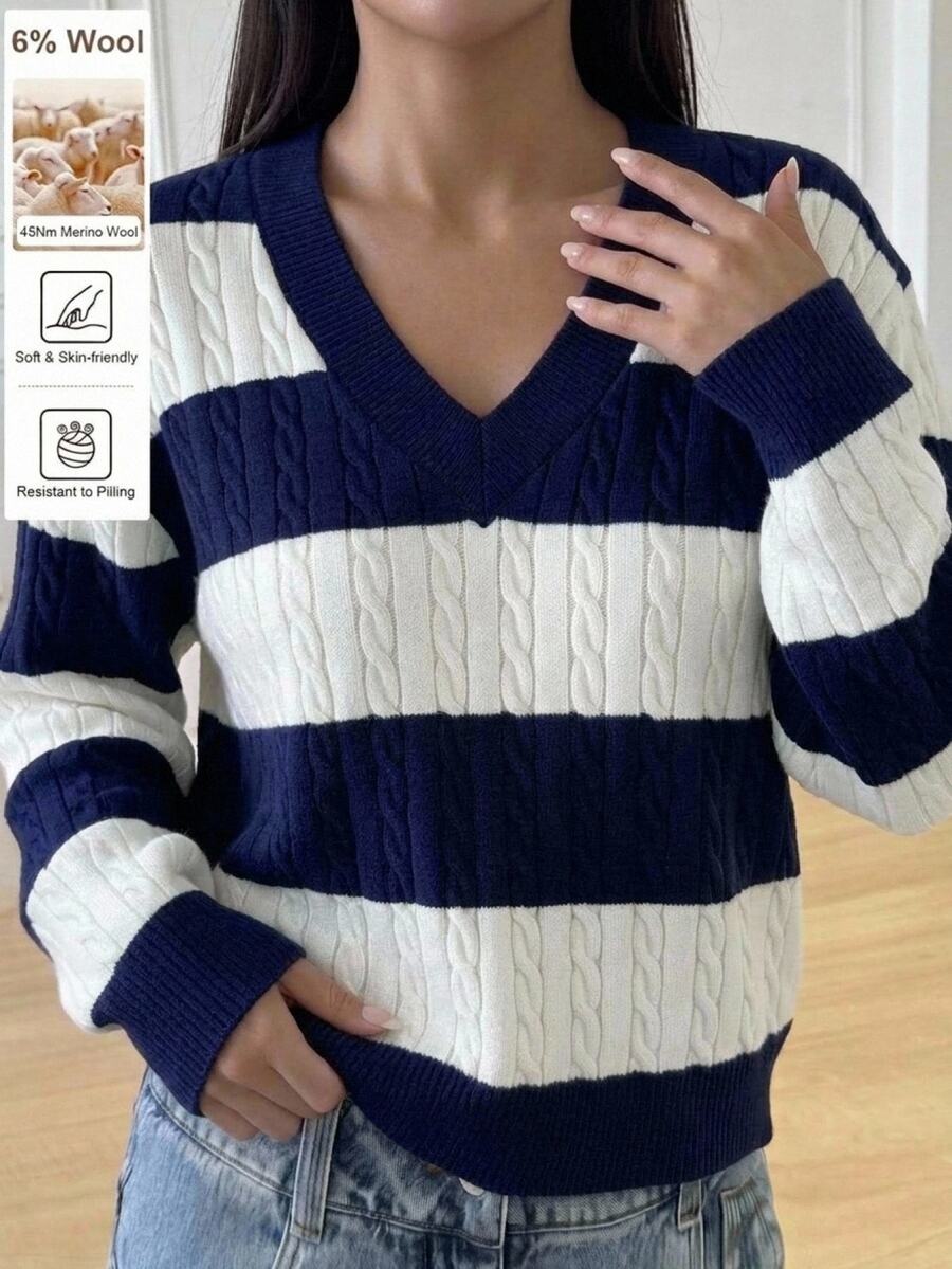 SHEIN Tween Girls Striped Colorblock Cable Knit V-Neck Lantern Sleeve Oversized Pullover Sweater, Suitable For Autumn/Winter And Outdoor Wear - Multicolor - View 1