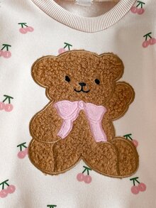 SHEIN Vintaside Kids 2件組女嬰褲裝套裝 可愛甜美 牛仔女孩風 粉色毛絨熊貼布 櫻桃印花 蝴蝶結 長袖圓領 生日派對 親子秋季套裝 - 粉色 - 查看 6