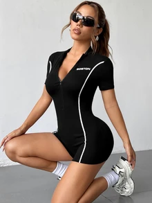StreetHx Zip-Up Stand Collar Striped Print Jumpsuit - Black - View 6