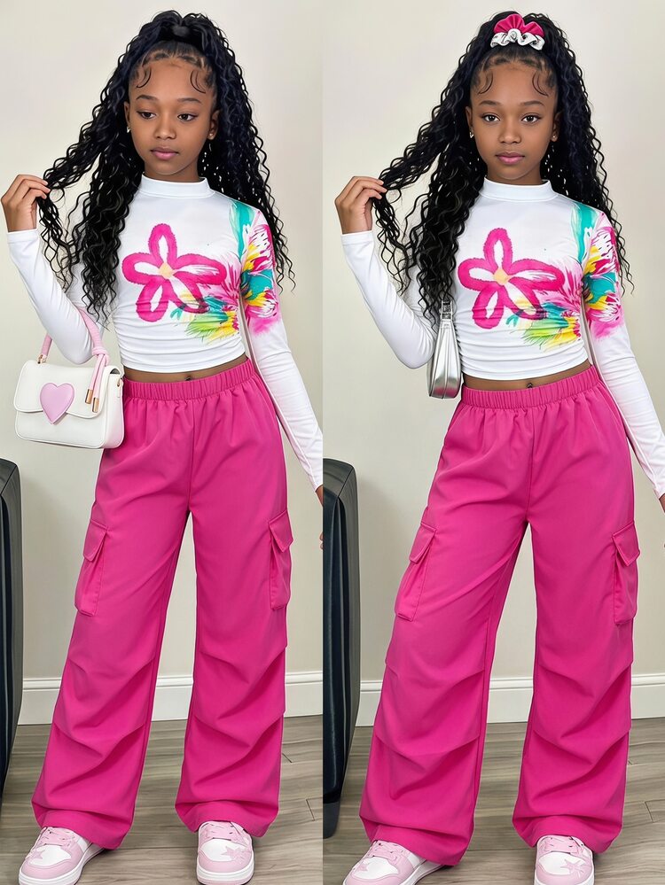 Tween Girl Streetwear Casual Athletic White Hot Pink Floral Print Long Sleeve T-Shirt And Cargo Pants With Pockets Set Autumn School Student - Pink - View 1