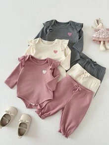 SHEIN 6pcs Baby Girls Romper + Pants Cute Sweet Pink Ivory Grey Ruffle Flutter Heart Bow Long Sleeve Regular Birthday Party Fall Holiday Frill - Dusty Pink - View 4
