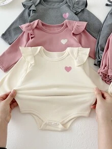 SHEIN 6pcs Baby Girls Romper + Pants Cute Sweet Pink Ivory Grey Ruffle Flutter Heart Bow Long Sleeve Regular Birthday Party Fall Holiday Frill - Dusty Pink - View 5
