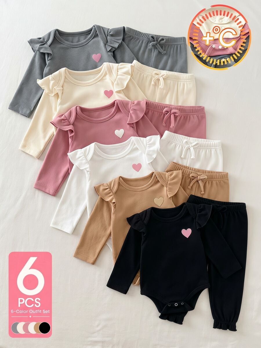 SHEIN 6pcs Baby Girls Romper + Pants Cute Sweet Pink Ivory Grey Ruffle Flutter Heart Bow Long Sleeve Regular Birthday Party Fall Holiday Frill - Dusty Pink - View 1