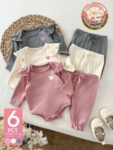 SHEIN 6pcs Baby Girls Romper + Pants Cute Sweet Pink Ivory Grey Ruffle Flutter Heart Bow Long Sleeve Regular Birthday Party Fall Holiday Frill - Dusty Pink - View 3