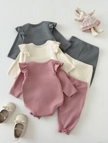 SHEIN 6pcs Baby Girls Romper + Pants Cute Sweet Pink Ivory Grey Ruffle Flutter Heart Bow Long Sleeve Regular Birthday Party Fall Holiday Frill - Dusty Pink - View 2