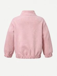 SHEIN Elladie kids 女童新款中式國風青蛙鈕扣麂皮夾克，立領，對比色側條紋，彈性下擺，休閒復古運動短版上衣，春秋款 - 粉色 - 查看 2
