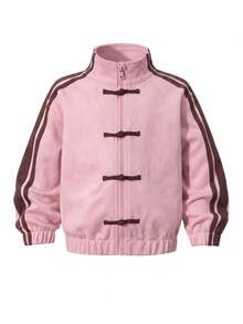 SHEIN Elladie kids 女童新款中式國風青蛙鈕扣麂皮夾克，立領，對比色側條紋，彈性下擺，休閒復古運動短版上衣，春秋款 - 粉色 - 查看 3