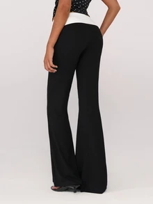 Sweetina Casual College Style Folded Waist Printed Flare Pants Black Bell Bottom Pants - Black - View 3