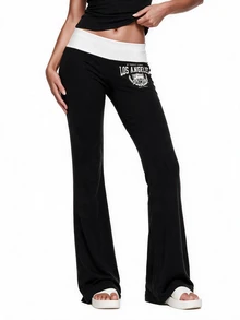 Sweetina Casual College Style Folded Waist Printed Flare Pants Black Bell Bottom Pants - Black - View 1