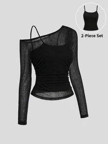 Sweetra 2pcs Asymmetrical Neck Sheer Mesh Top & Cami Top - Black - View 1