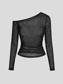 Sweetra 2pcs Asymmetrical Neck Sheer Mesh Top & Cami Top - Black - View 5