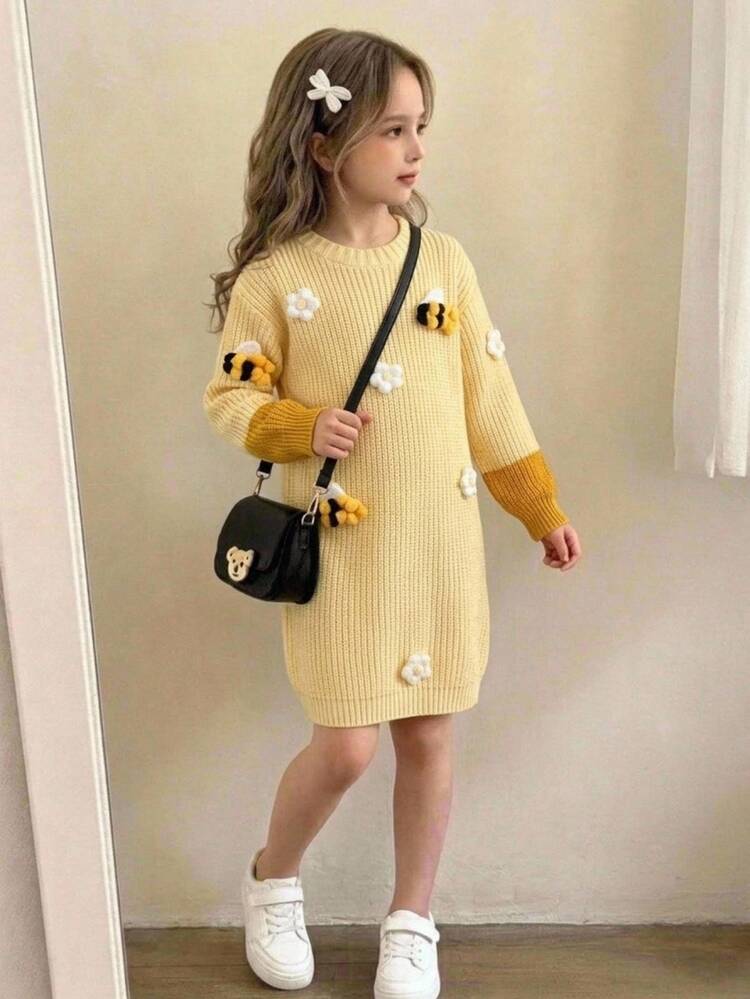 SHEIN Vintaside Kids Girls' Handmade Floral Knitted Dress, Round Neck Long Sleeve Lantern Sleeve Cute Elegant Pink Dress - Yellow - View 1