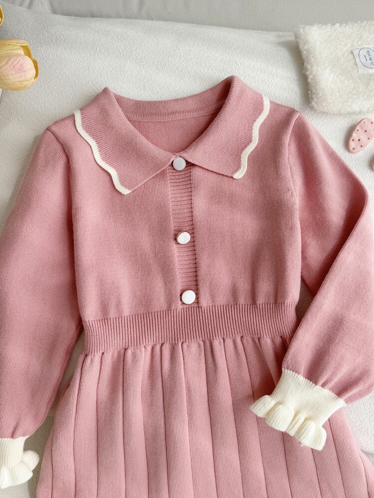 Souflis Young Girls Sweater Dresses, Young Girl Knit Sweater Dress With Collar, Pink And Beige, Ruffle Hem, French Princess Style, Design-Focused, Comfortable And Soft, All-Match Versatile Casual Minimalist, Suitable For Autumn And Winter, Outings, Photo Shoots, Outdoor Play, Picnics, Travel - Pink - View 6