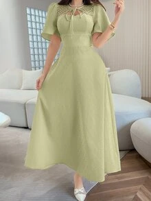 Feyla Women's Jacquard Tie Collar Elegant Cinched Waist Long Dress, Suitable For Party And Occasions - Mint Green - View 5