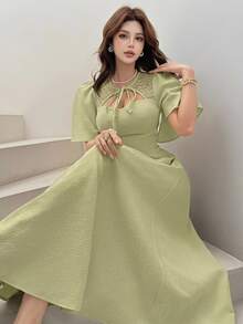 Feyla Women's Jacquard Tie Collar Elegant Cinched Waist Long Dress, Suitable For Party And Occasions - Mint Green - View 2