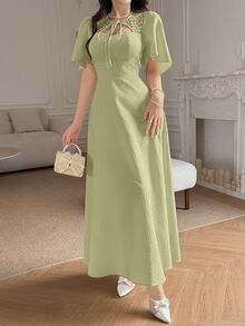 Feyla Women's Jacquard Tie Collar Elegant Cinched Waist Long Dress, Suitable For Party And Occasions - Mint Green - View 4