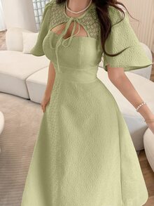 Feyla Women's Jacquard Tie Collar Elegant Cinched Waist Long Dress, Suitable For Party And Occasions - Mint Green - View 6