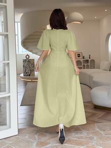 Feyla Women's Jacquard Tie Collar Elegant Cinched Waist Long Dress, Suitable For Party And Occasions - Mint Green - View 3