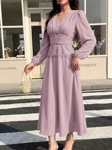 Feyla Chic Pink V Neck Long Dress For Women Featuring Puff Sleeves And Detailed Lace Waist Accent - Pink - View 6