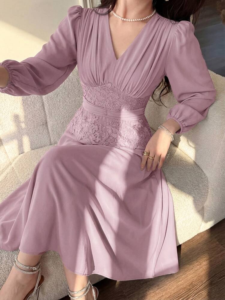 Feyla Chic Pink V Neck Long Dress For Women Featuring Puff Sleeves And Detailed Lace Waist Accent - Pink - View 3